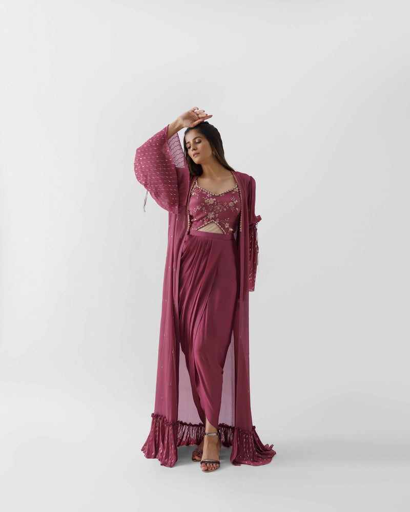 Wine Embroidered Draped Dress With Jacket