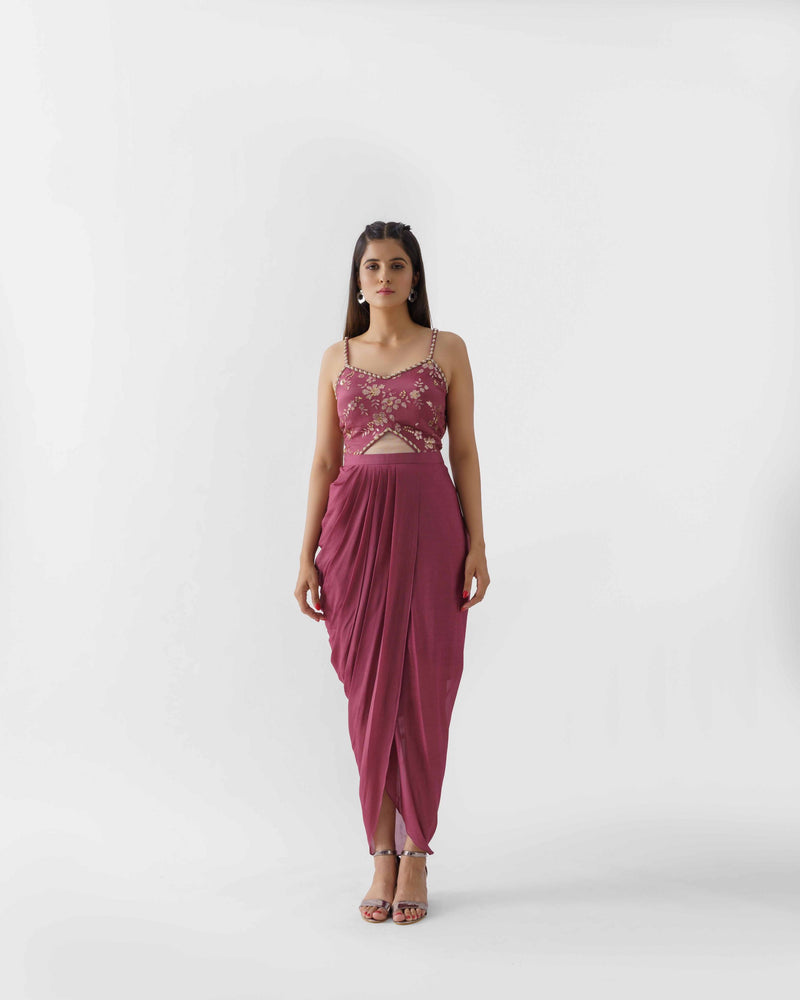 Wine Embroidered Draped Dress With Jacket