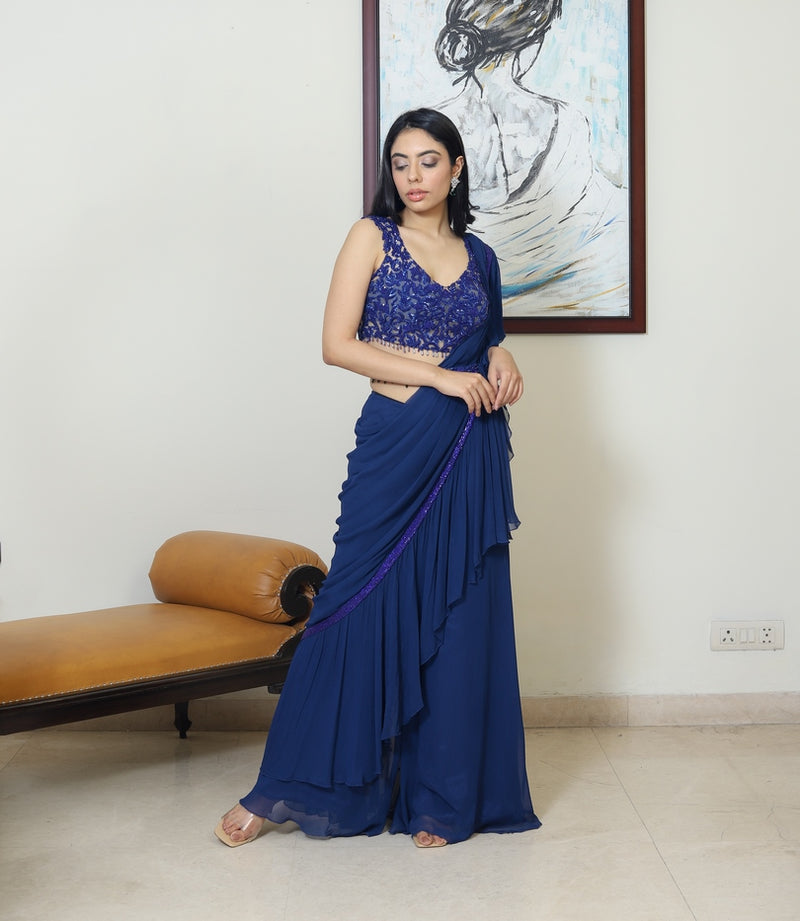 Deep Royal Blue Sharara Sari