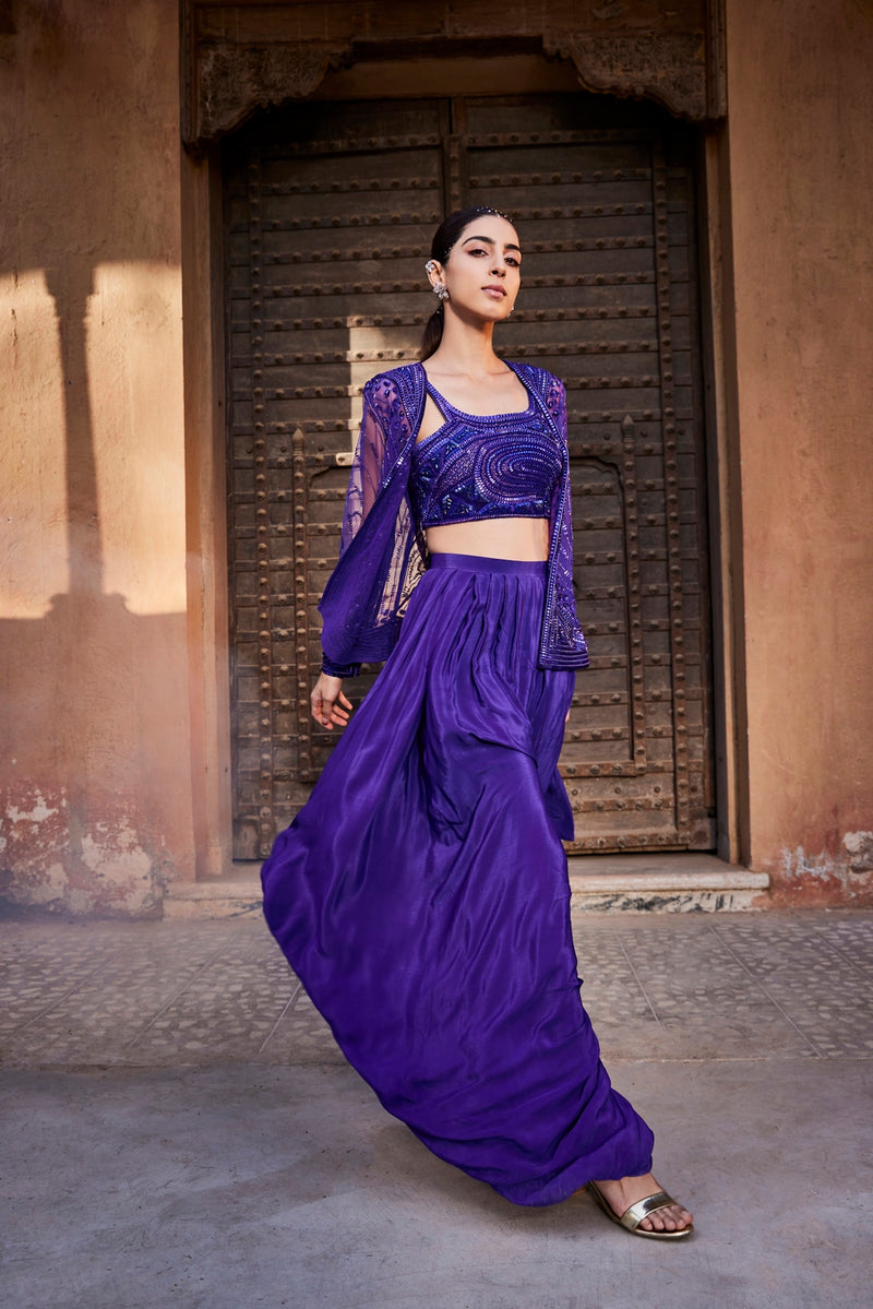 Bright purple jacket and dhoti set