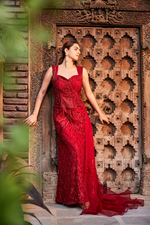 Red embroidered cocktail gown