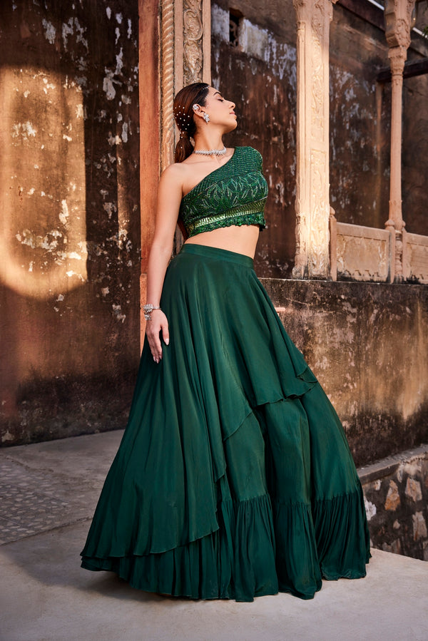 Green one shoulder top and skirt