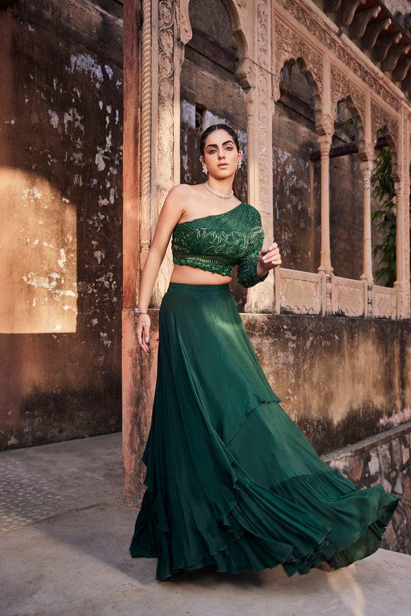 Green one shoulder top and skirt