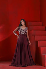 Mahagony wine embroidered gown set