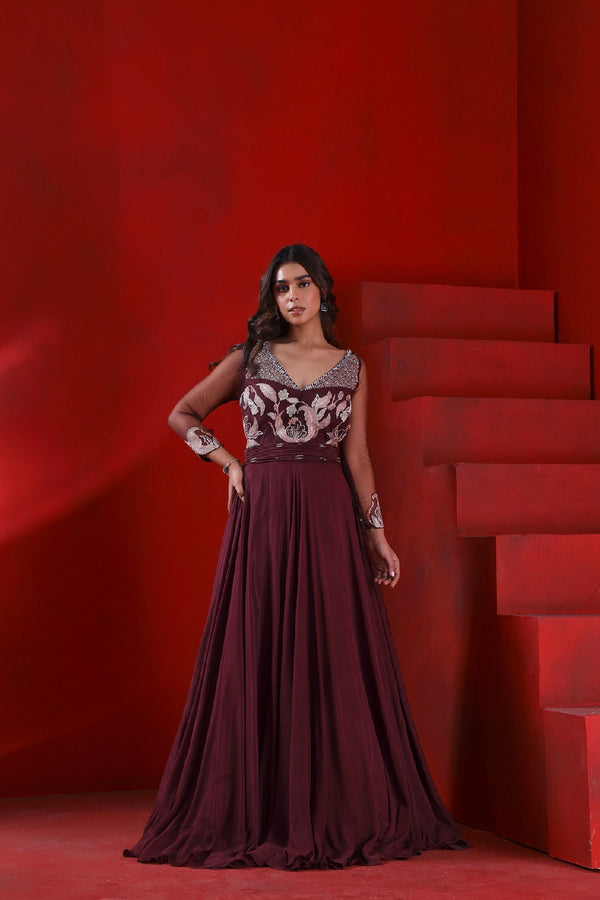 Mahagony wine embroidered gown set