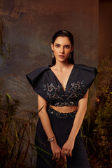 Midnight blue embroidered structured cape set