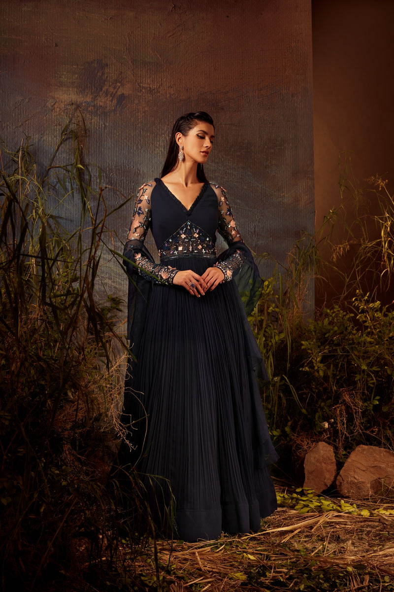 Midnight blue embroidered yoke gown