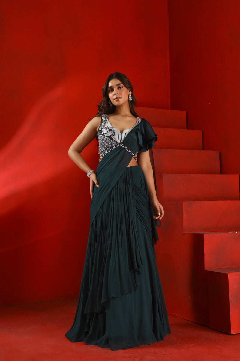 Midnight green drape concept saree set