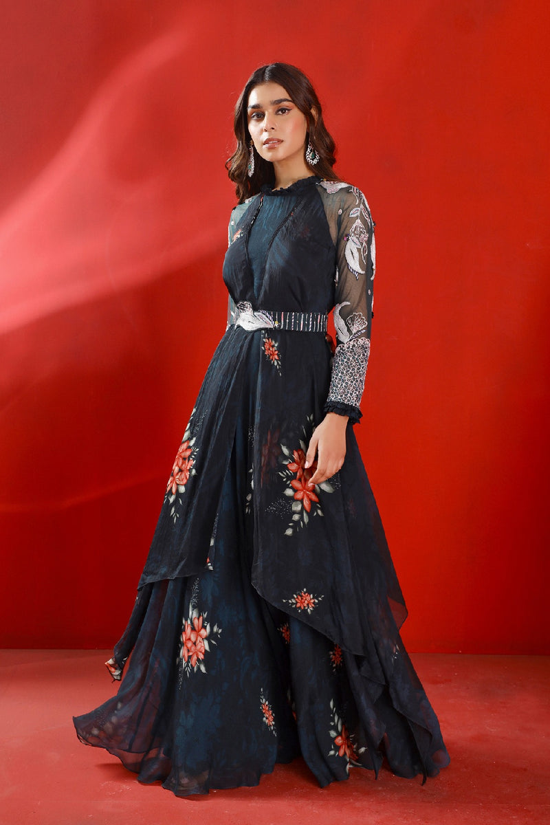 Midnight green printed and embroidered gown set