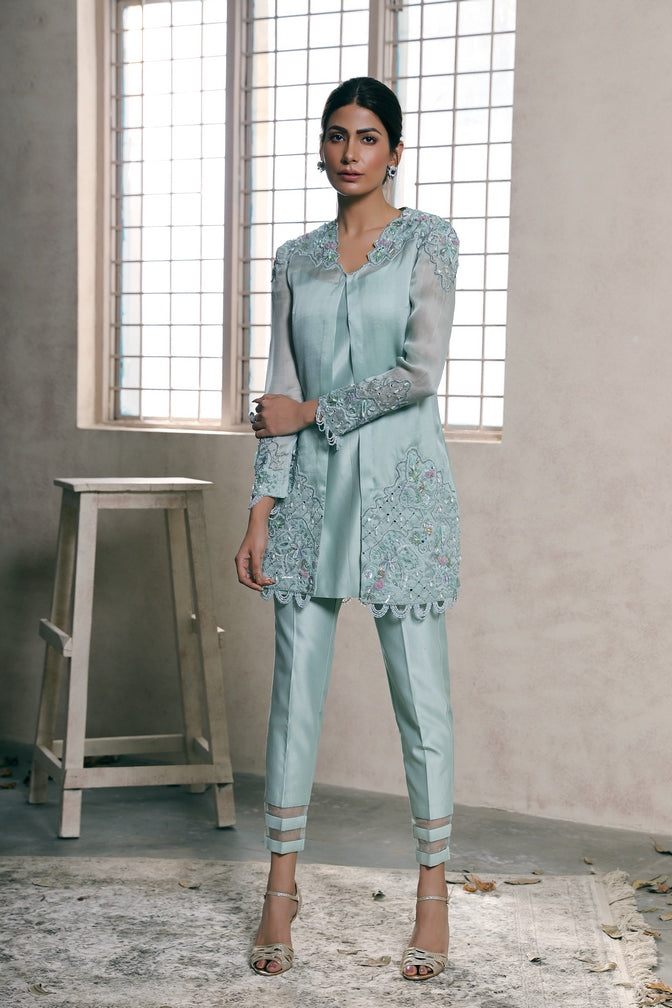 Mint Organza Hand Embroidered tunic with pants set