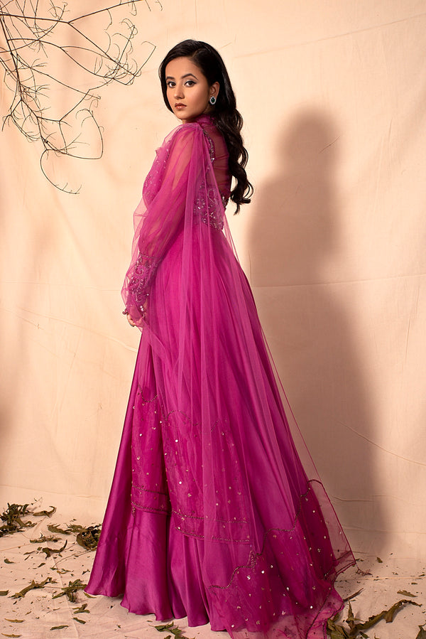 Mulberry Pink Gown with Embroidered Dupatta