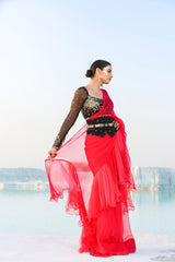Ameera Romantic Red Ruffle Saree With Black Magic Blouse & Corset Belt Set