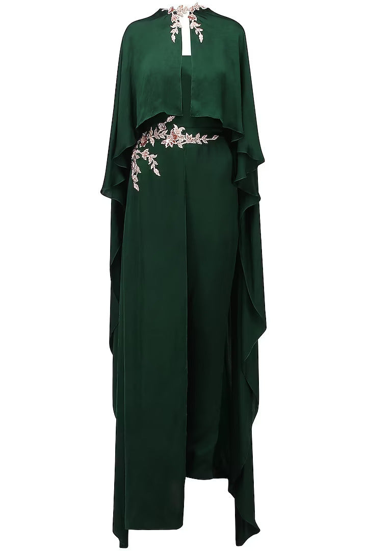 Green Embroidered Cape Jumpsuit