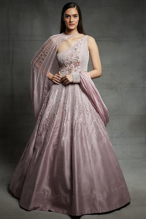 Pink Embroidered Gown With Cape