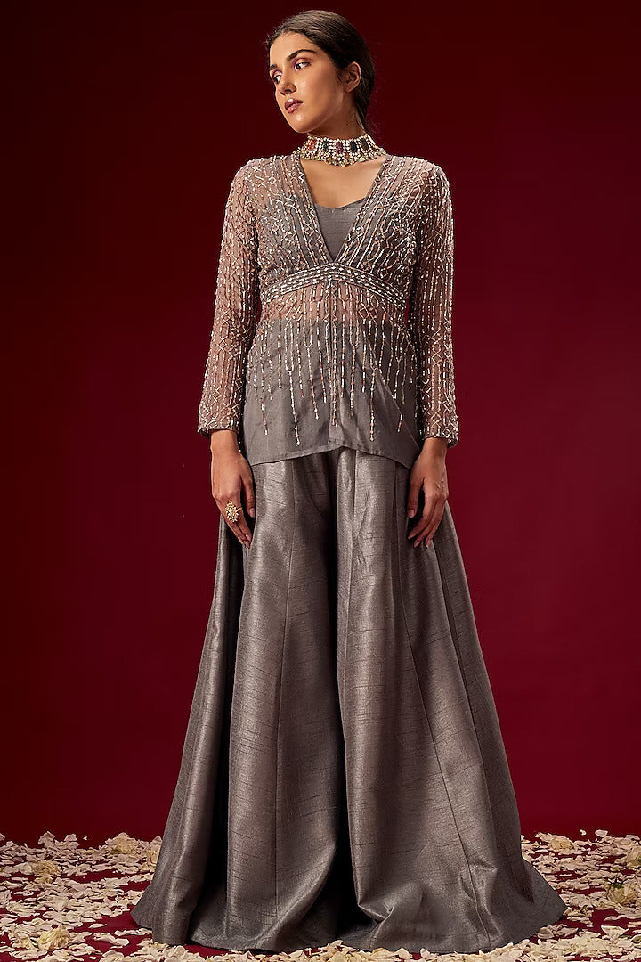 Grey Dupion Silk Palazzo Pant Set