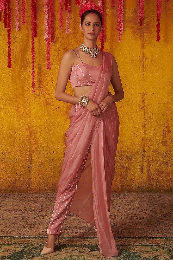 Onion Pink Tasseled Draped Pant Saree Set
