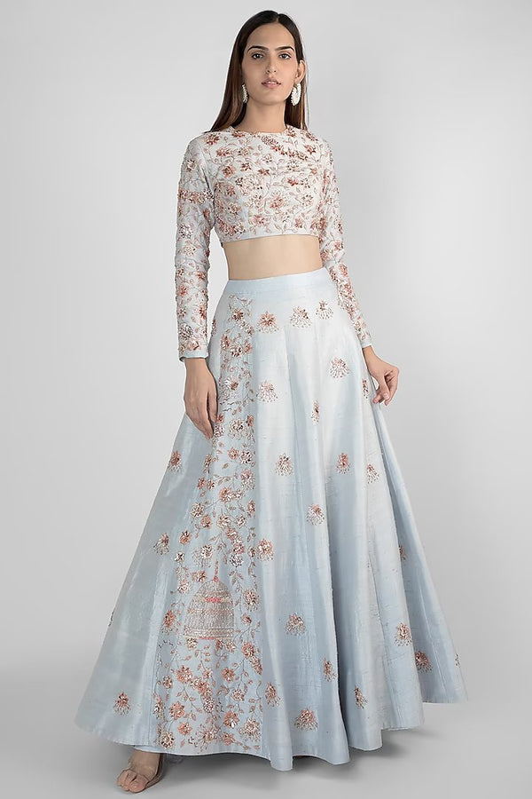 Powder Blue Embroidered Lehenga Skirt With Crop Top