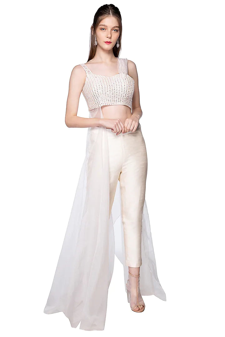 Cream Embroidered Bustier With Pants