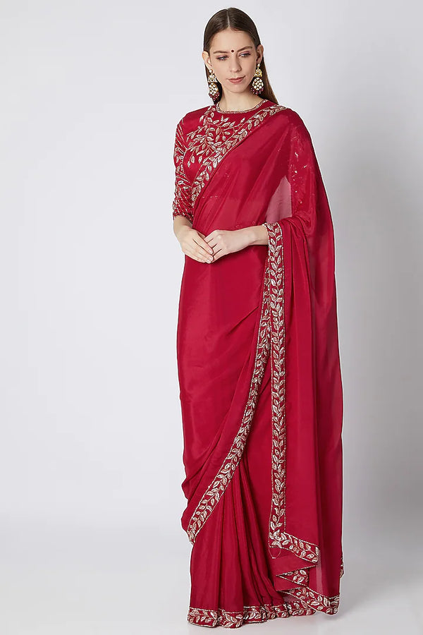 Pinkish Red Embroidered Saree Set