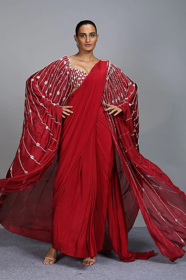 Crimson Embroidered Pre Draped Saree Set