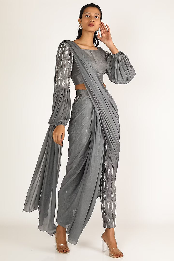 Grey Embroidered Pant Saree Set