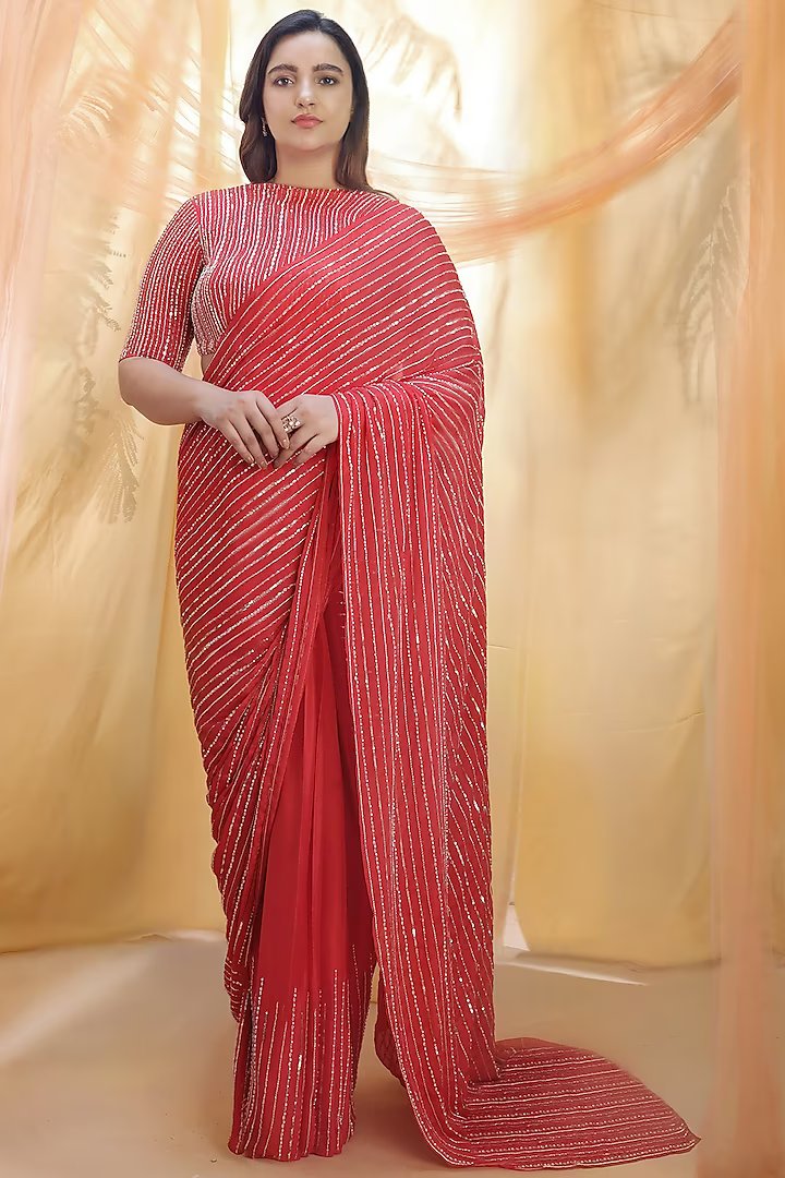 Red Hand Embroidered Saree Set