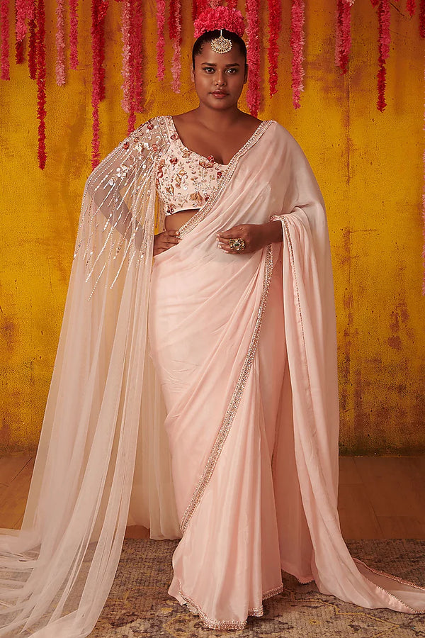 Blush Pink Tabby Silk Draped Saree Set