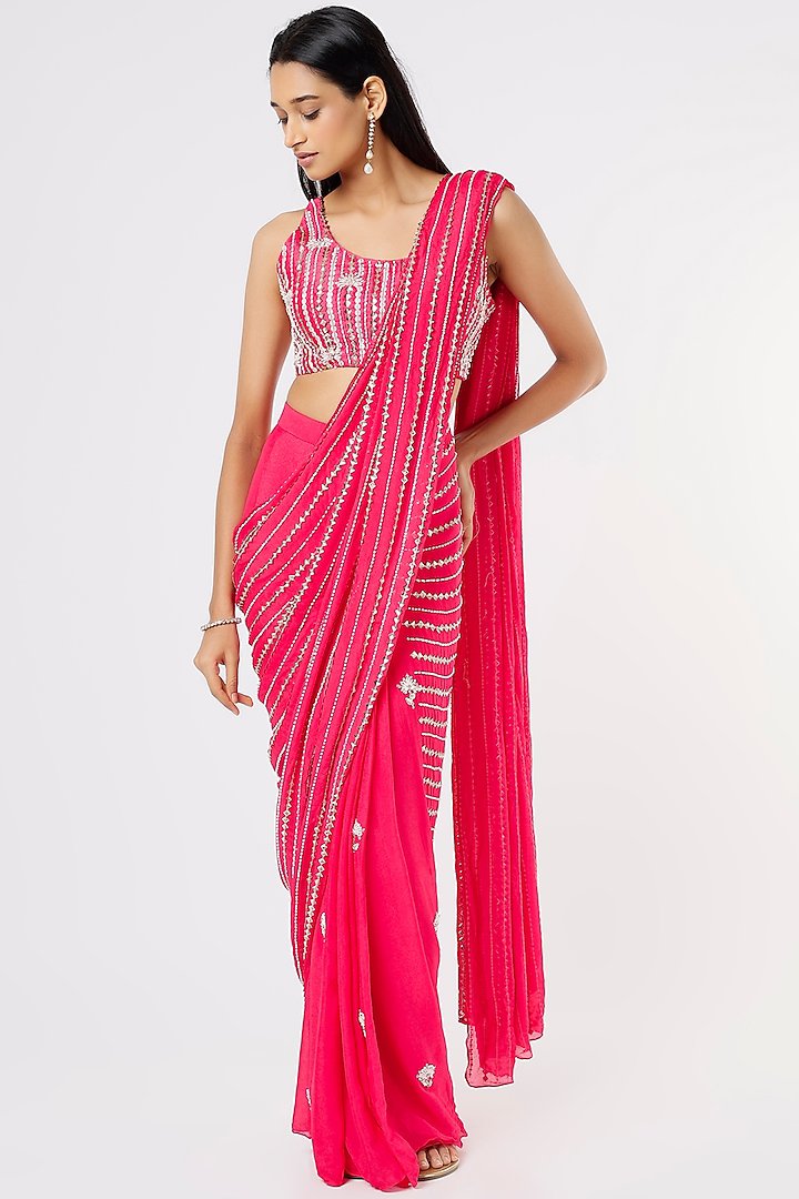 Hot Pink Embroidered Saree Set