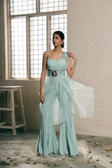 Pastel Mint Embroidered shoulder blade cape with flare cut pants
