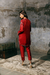 Red Organza Hand Embroidered tunic and pants set