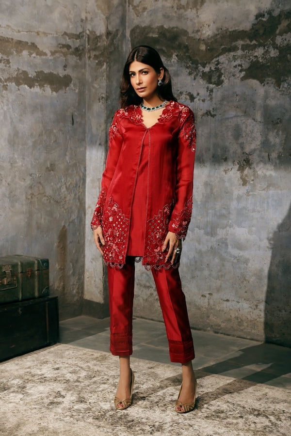 Red Organza Hand Embroidered tunic and pants set