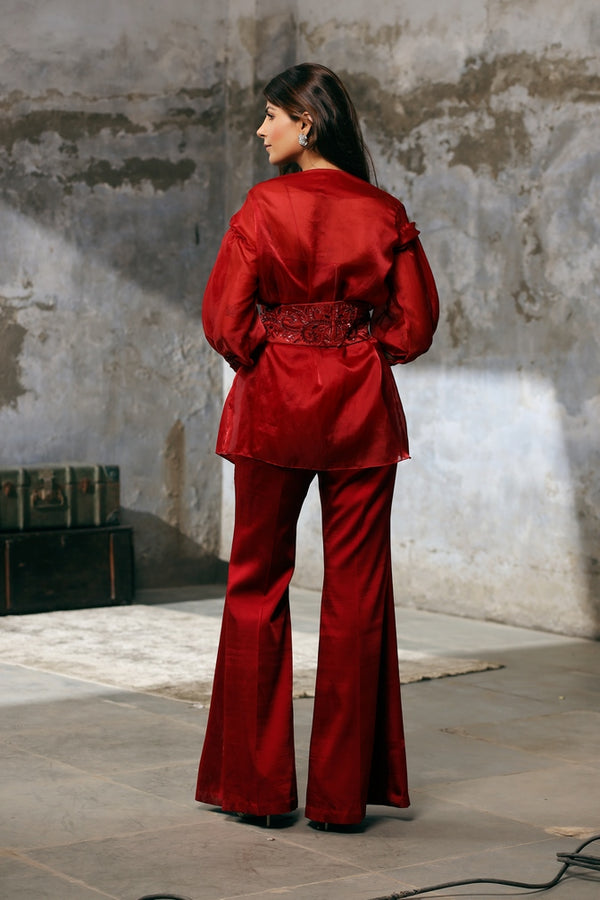 Red Organza Jacket with hand Embroidered Belt and Bell bottom Pants set