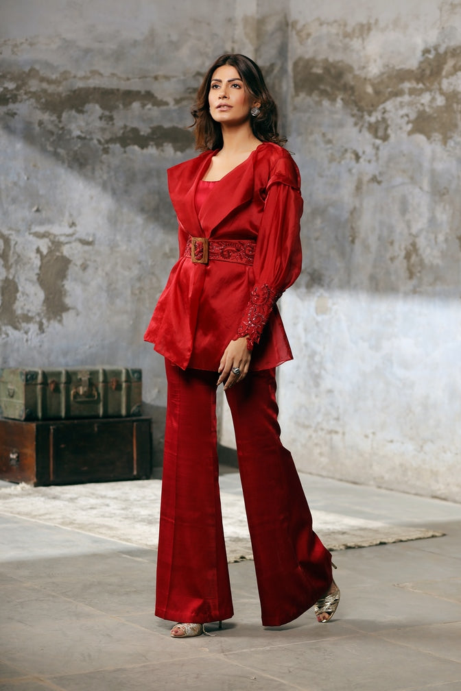 Red Organza Jacket with hand Embroidered Belt and Bell bottom Pants set