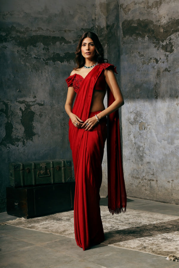Red Pre-draped sari with Embroidered blouse and Tassel Pallu set