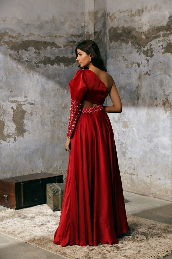 Red printed yoke gown