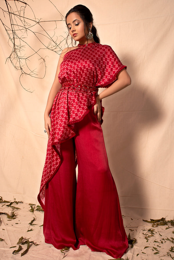 Ruby Red One Shoulder Cape and Pants Set