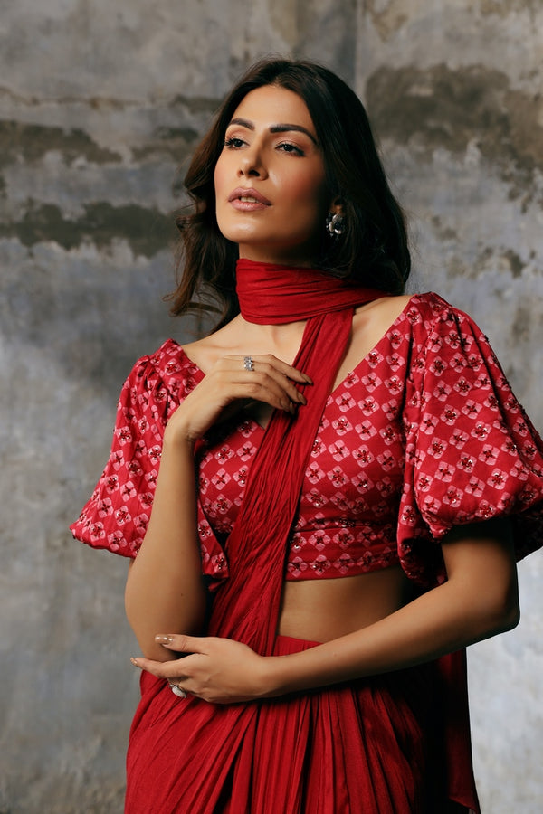 Ruby red slit pre stitched sari with printed balloon sleeves blouse