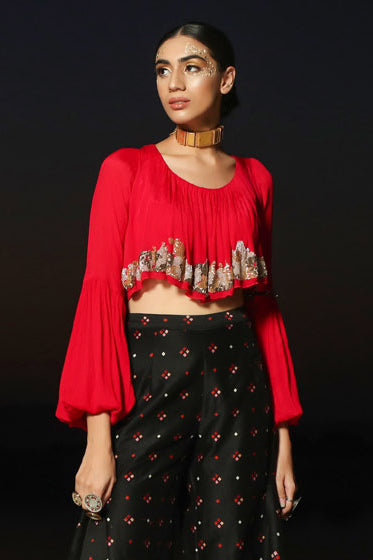 Ameera Romantic Red Bohemian Top With Exaggerated Bell Bottom Set
