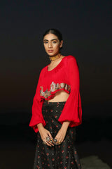 Ameera Romantic Red Bohemian Top With Exaggerated Bell Bottom Set