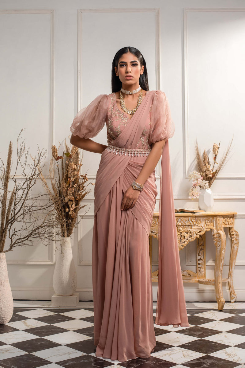 Blush Pink Saree Gown with Embellished Belt