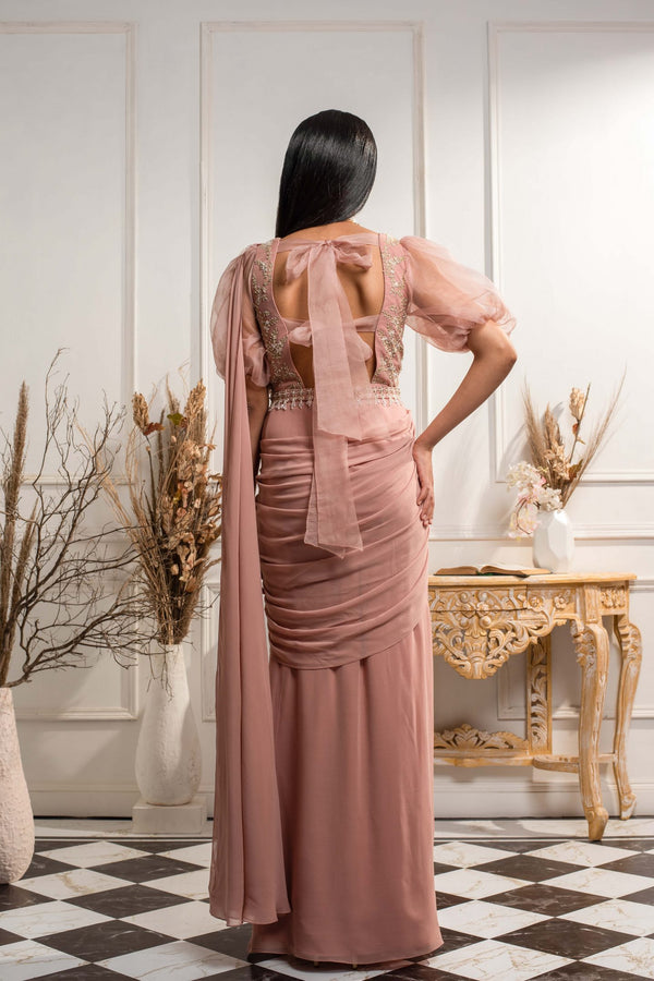 Blush Pink Saree Gown with Embellished Belt