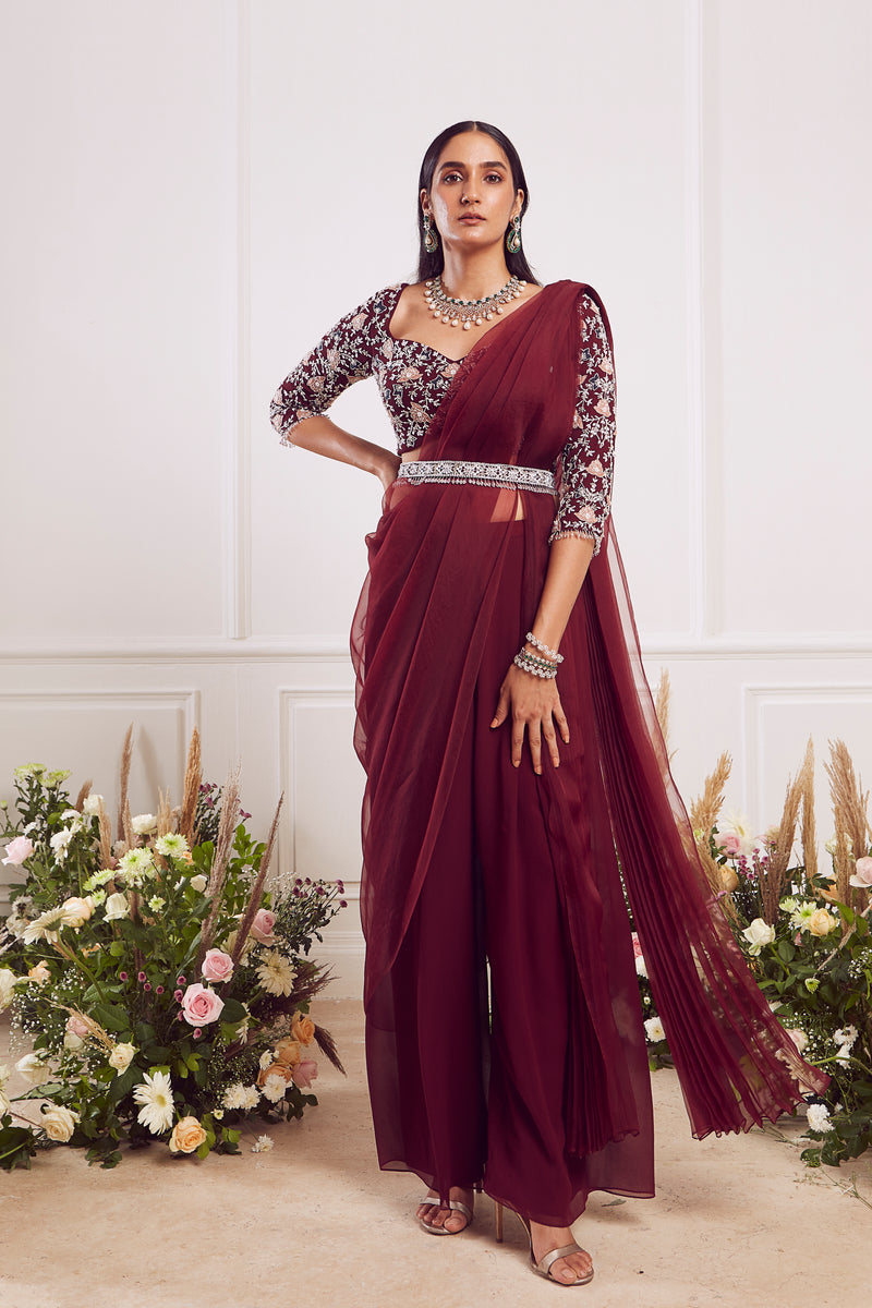 Maroon Embroidered Top and Pant Sari