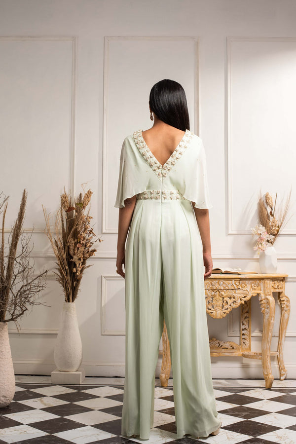 Mint Green Embroidered Draped Jumpsuit