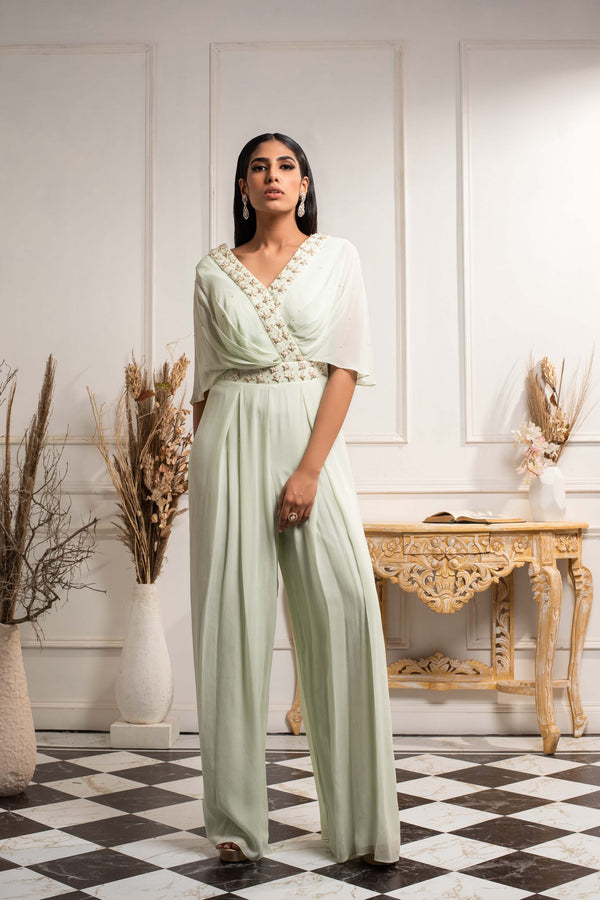 Mint Green Embroidered Draped Jumpsuit