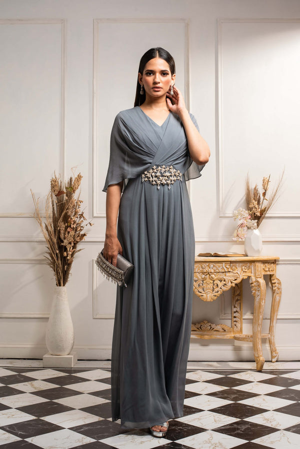 Stone Blue/Gray Draped Embroidered Jumpsuit
