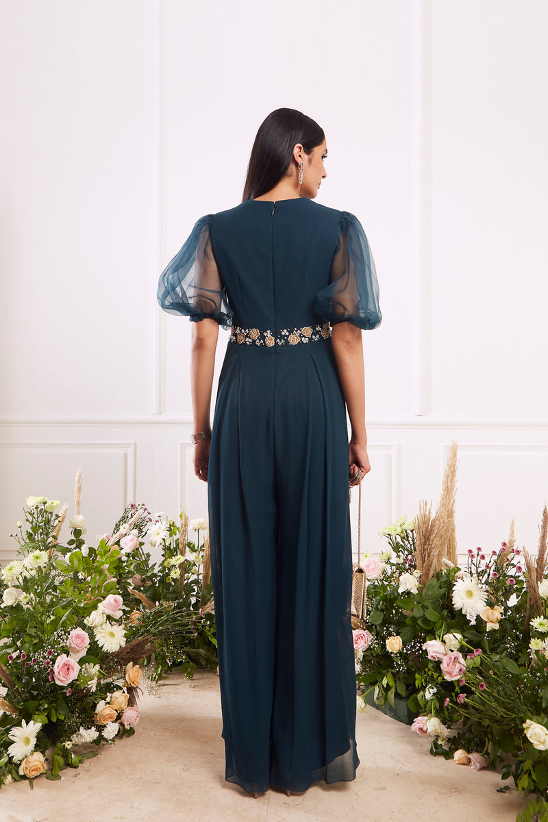 Embellished jumpsuit with puff organza sleeves