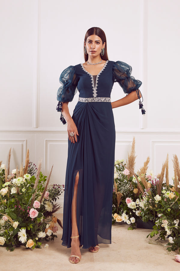 Embellished full length dress with puff sleeves