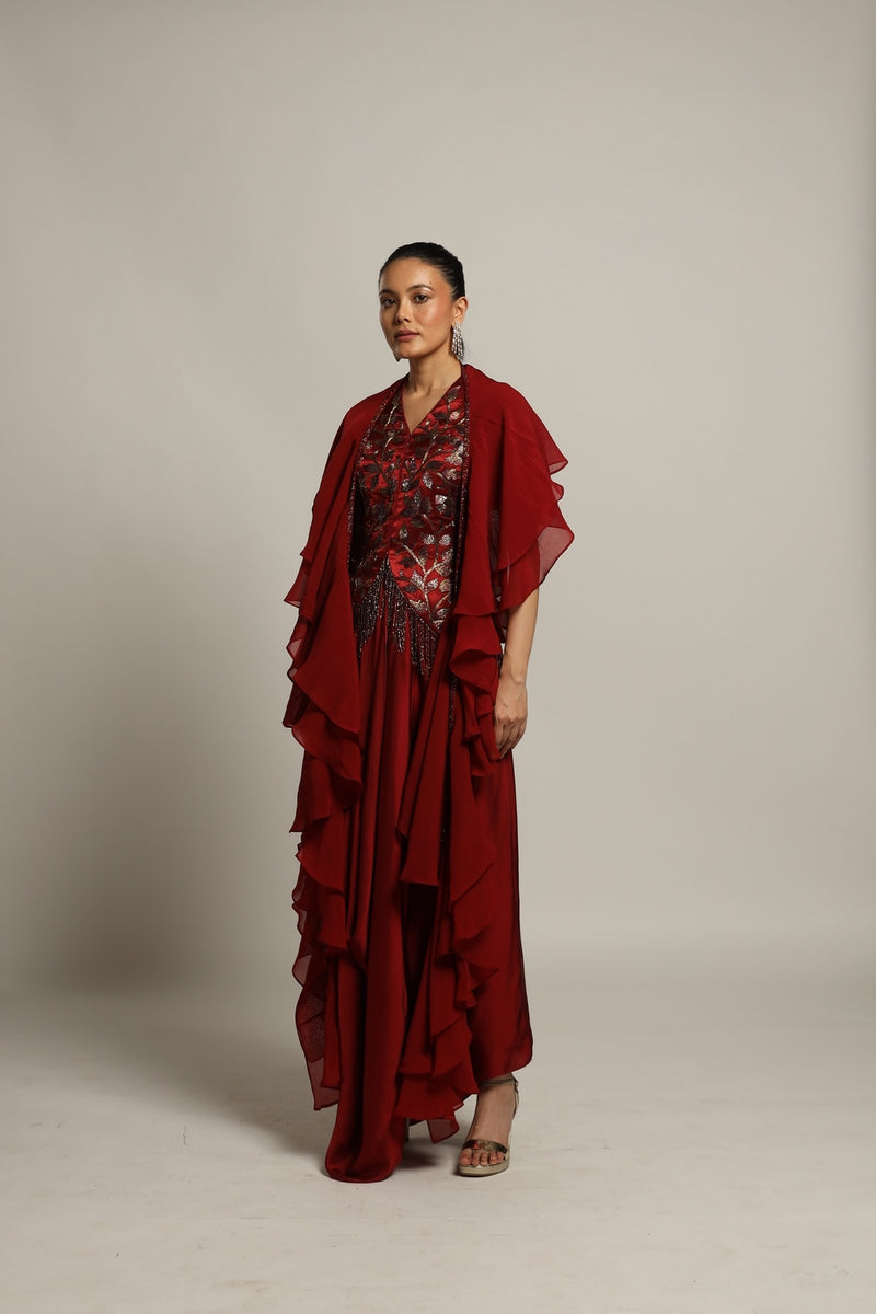 Luscious Maroon jacket with drape skirt Styled up with the ruffled dupatta