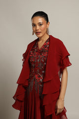 Luscious Maroon jacket with drape skirt Styled up with the ruffled dupatta