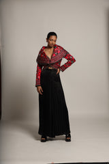 Unequaled Black bralet & Fuscia pink Cape jacket with Royal Black pleated pants